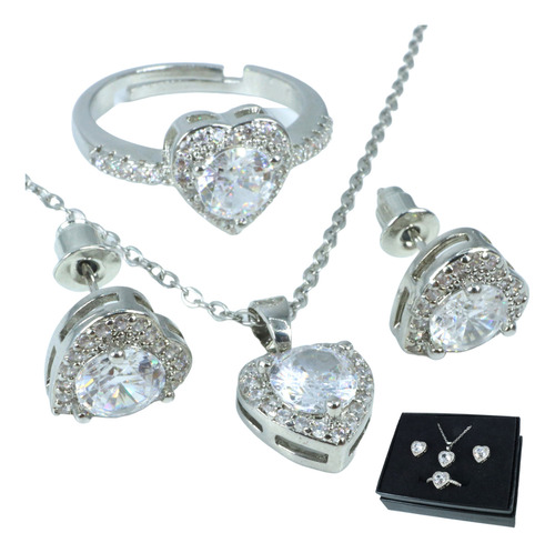 Collar Para Mujer Aretes Dije Cadena De Acero Corazón Juego Plateado