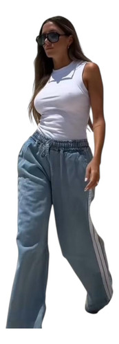 Pantalon Palazo De Jean Con Rayas Al Costado