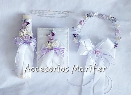 Set De Primera Comunión Para Niña Blanco Con Detalles Lilas