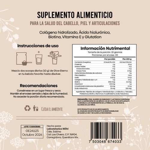 Glow Eterno Colágeno Hidrolizado Sin Sabor Laboratorios Wöhl 300 G