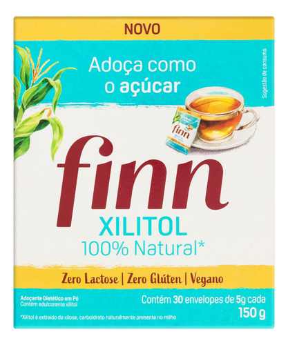 Adoçante em Pó Xilitol Finn Caixa 150g 30 Unidades