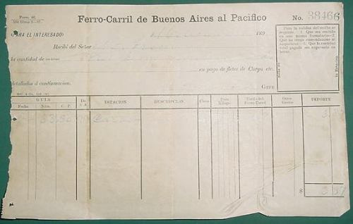 Recibo 38466 Ferrocarriles Buenos Aires Pacifico Año 1899