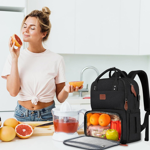 Mochila Térmica com Bolsa Térmica para Almoço Preta de Trabalho Feminina para Notebook de 15,6 Polegadas com Porta USB para Faculdade Praia Acampamento Piqueniques Matein 1162