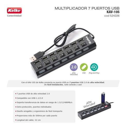 Imagen 6 de 9 de Hub Usb 7 Puertos Kolke Kav-105 Switch Individual 2.0