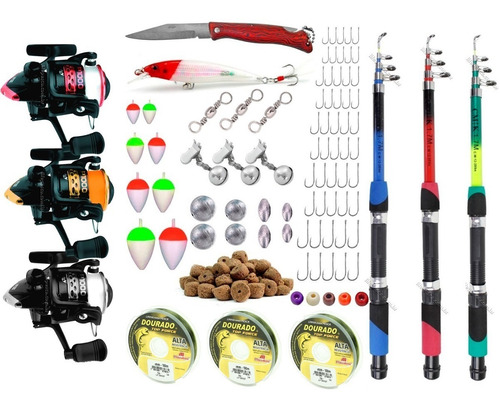 Kit Pesca C/ 3 Varas Telescópicas E 3 Molinetes + Acessórios