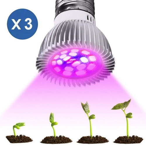 Pack De 3 Ampolletas E27 Grow 18 Led Full Spectrum, Cultivo