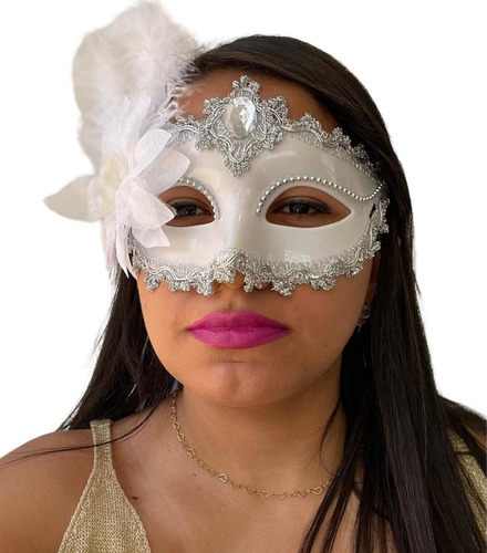 1 Máscara Luxo Noiva Com Penas Branca Adereço Rosto Fantasia