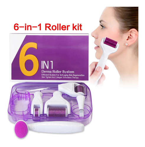 6 En 1 Derma Roller Micro-aguja Kit Con 5 Cabezales De Rodil