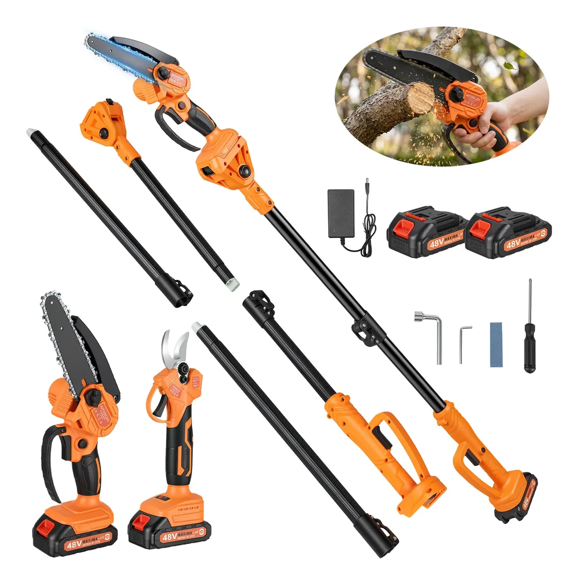 Motosserra + Tesoura Elétrica Kit C/2 Baterias E Extensor 2m Laranja 48v