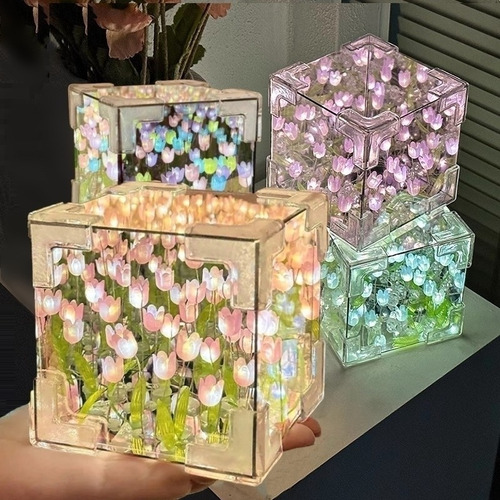 Lámpara De Tulipanes Infinitos Cubo Espejo Para Armar Rosa