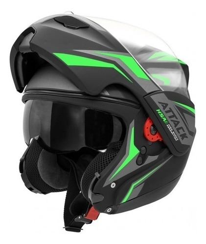 Capacete Pro Tork New Attack Modelo Rocam Modular Fechado Cor Preto/Verde Desenho Attack HSA Tamanho do capacete 60