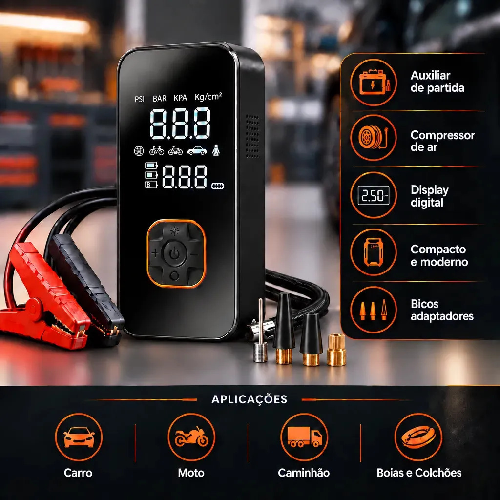 Auxiliar de Partida Carregador De Bateria Carro com Compressor de Ar Portátil 12V Calibrador Digital Pneu Inflador Veicular Emergência Automotivo para Moto SUV Caminhonete Pickup Hardline
