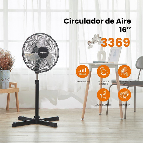 Ventilador De Pedestal Mytek 3369 De 16 Pulgadas Metálico Cantidad de aspas 3 Color de la estructura Negro Color de las aspas plateadas Diámetro 16 " Frecuencia 60HZ Material de las aspas Metalicas