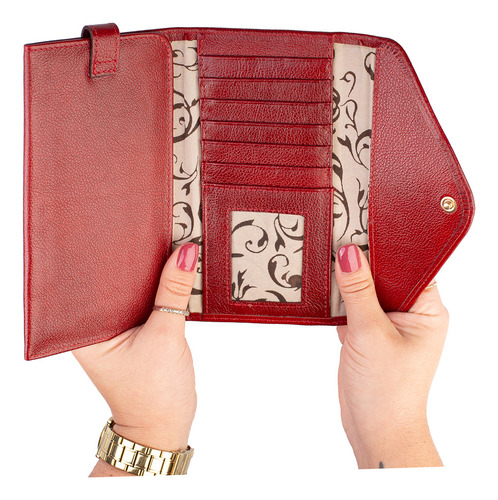 Carteira Feminina De Couro Liso Clara Cor Vermelho