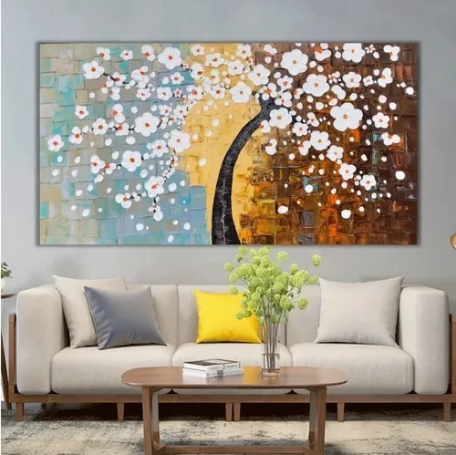 Quadro Grande Árvore Flores Moderna Pintado A Mão