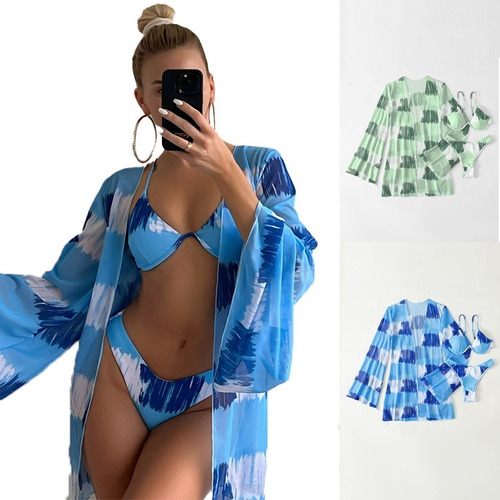 Conjunto De Playa Estampado Con Kimono De Verano+ Bikini