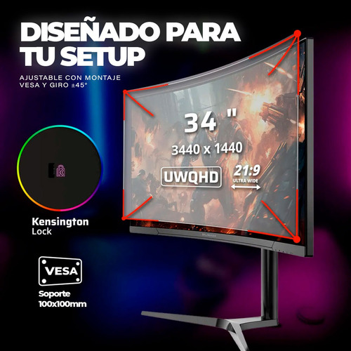 Monitor Gamer Curvo 34 Tecmiyo 1ms Hdr10 Wqhd Rgb