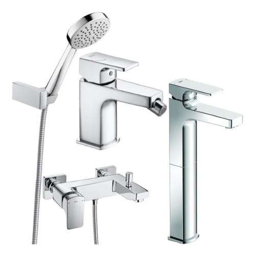 Set Griferia Roca Escuadra Lavat Alto+ducha Ext C/t+bidet P