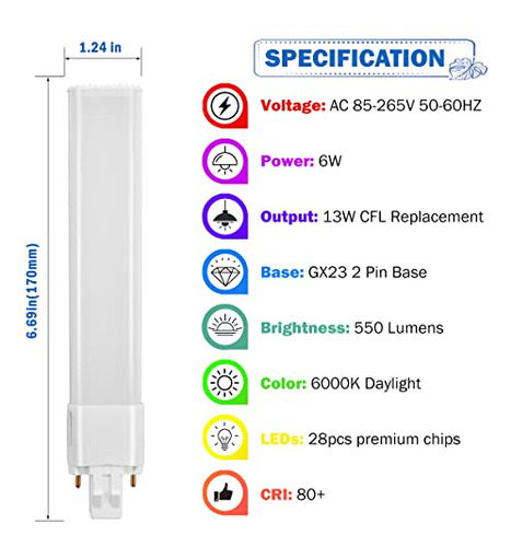 Bombilla Led Hengbo De 6 W, Gx23, 13 W, 2 Pines, Repuesto De