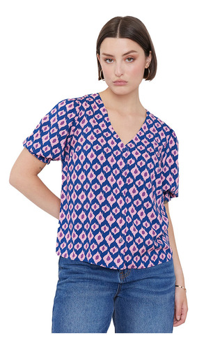 Blusa Mujer Cuello V Print Boho Azul Corona