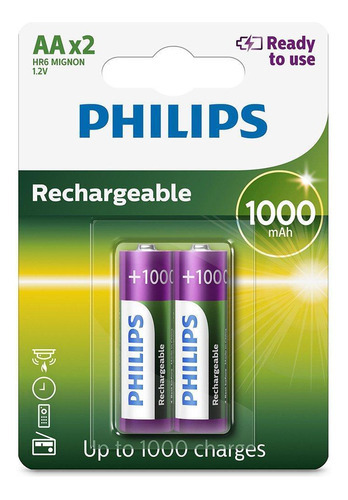 Pilha Recarregável Philips Aa1,2v 1000mah Cartela 2 Unidades