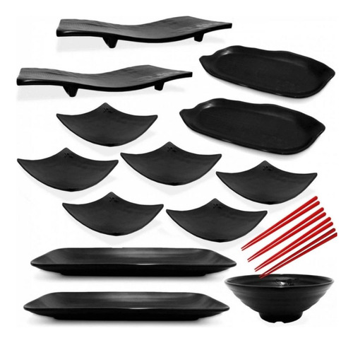 Kit 17 Peças Para Sushi Com Travessas Pratos E Hashis