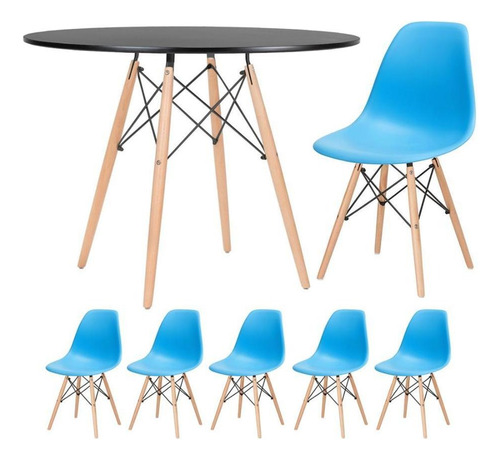 Kit Mesa Jantar Eames Wood 100 Cm  5 Cadeiras Eiffel Cores Cor da tampa Mesa preto com cadeiras azul céu