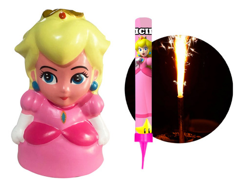 Princesa Peach Vela De Cera + Chispera Fiesta Mario Bros