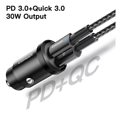 Imagen 2 de 5 de Cargador Rapida Auto 30 W / 5 A / Usb Y C / Essager