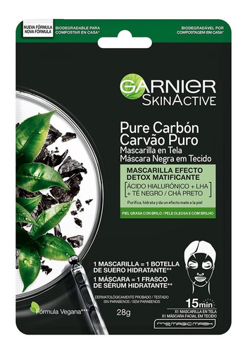 Garnier Mascarilla Facial Carbón Con Ácido Hialurónico Tipo de piel Grasa