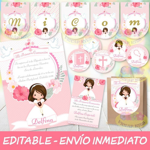 Kit Imprimible Comunión Nena Rosa 100% Editable Candy Bar