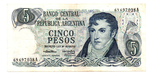 Billete 5 Pesos Ley, Bottero 2327, Año 1974 Usado Bueno 