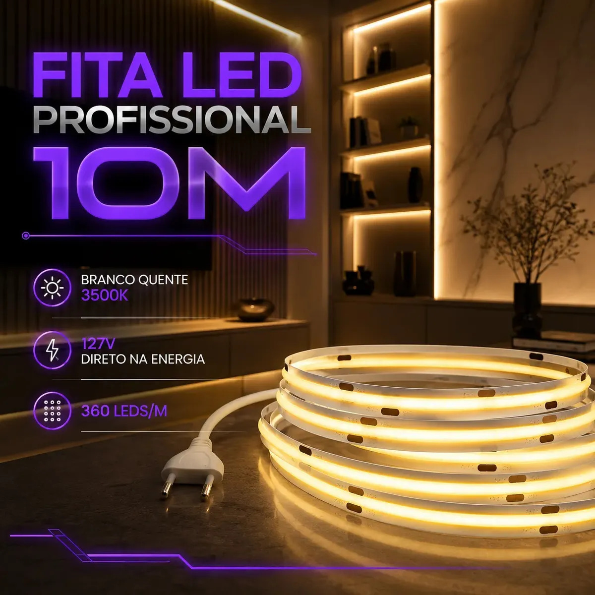 Fita Led Profissional 46w/m 360 Leds/m Smd Cob Flexível 10m Ip20 Branco Quente 3500k Luminária Direta Energia