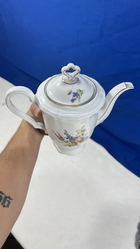 Cafetera Tetera En Porcelana Germany Floreada Blanco Flores (Usado)