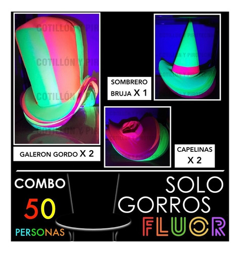 Combo Gorros Fluo 50 Personas Solo Gorro Cotillon Sombrero