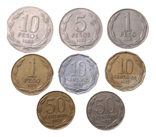 Chile Lote X 8 Monedas Incluye 10 Pesos 1980.  Usadas !!!