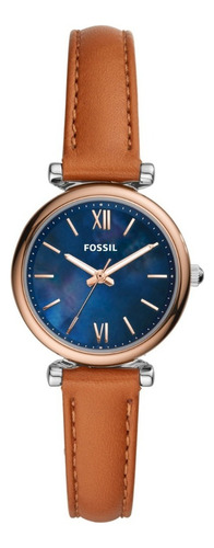 Reloj Dama Fossil Carlie Mini Es4701 Color Café De Piel Color de la correa Marrón Color del bisel Oro rosado Color del fondo Azul