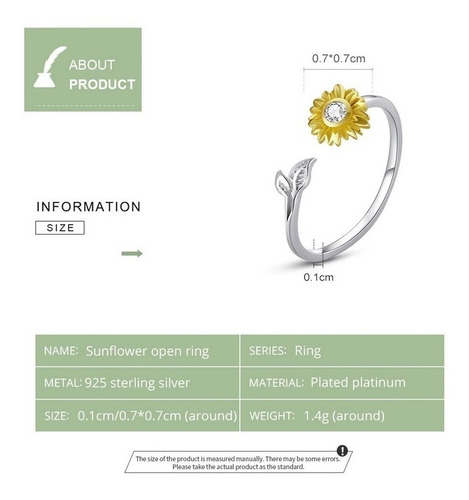Anillo Girasol Ajustable Para Mujer Fabricado En Plata 925