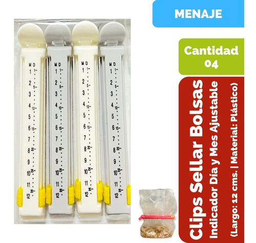 Clips Para Sellar Bolsas De Alimentos. Indicador Día Y Mes