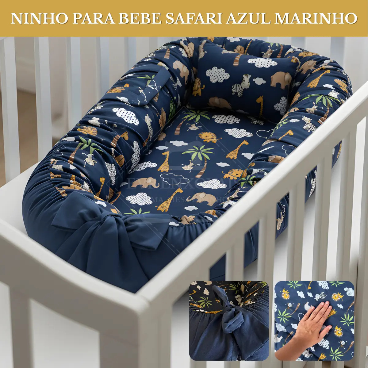 Ninho Redutor Para Bebê Recém-nascido Maternidade Super Macia Conforto E Proteção - Safari Azul Marinho