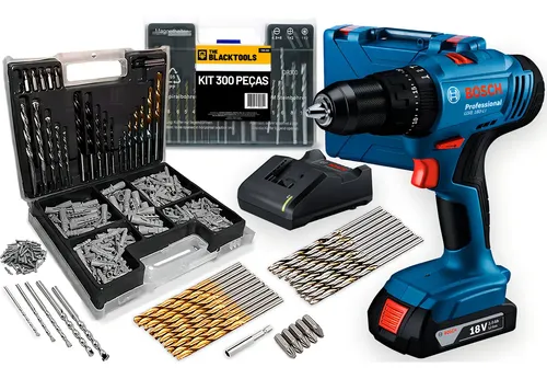 Parafusadeira E Furadeira De Impacto Bosch A Bateria 18v Maleta -  Gsb 183-li Com Kit Brocas Buchas E Bits 300 Peças Azul 127/220v 50hz/60hz