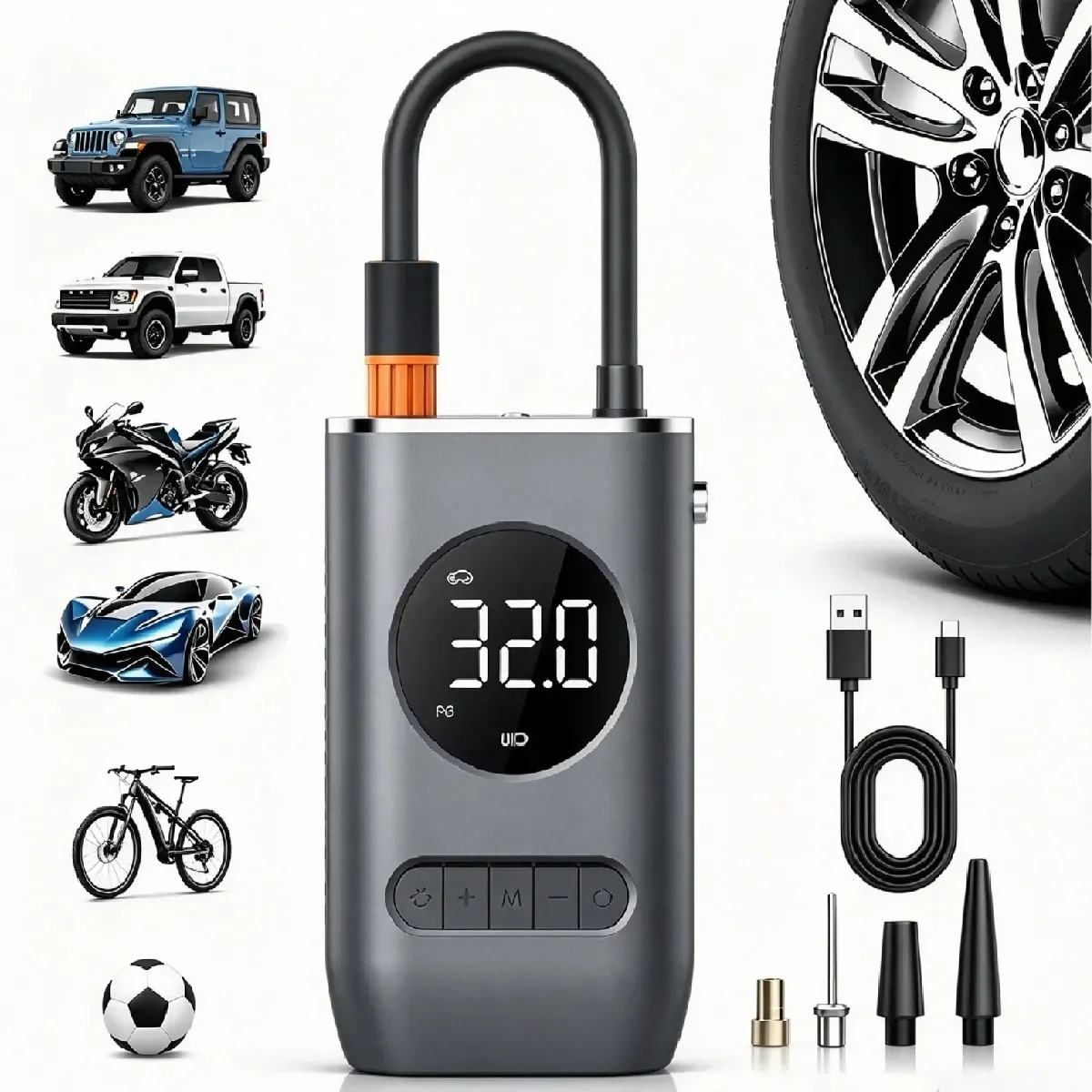 Mini Compressor de Ar Digital Portátil Recarregável USB-C para Pneus de Carro, Moto e Bicicleta Inflador Elétrico de Bolas e Infláveis Display LCD Alta Pressão Sem Fio Preto