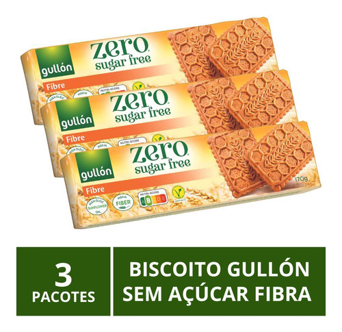 Biscoito Gullón, Fibra, 3 Pacotes De 170g, Sem Açúcar