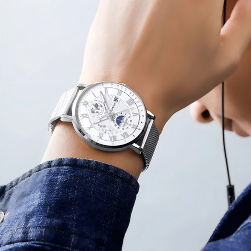 Reloj De Cuarzo RW-003 Luminoso Calendario Acero Impermeable Hombre Correa de Acero Inoxidable y Calendario Regalo Sofisticado para Cumpleaños Aniversario O Eventos Especiales