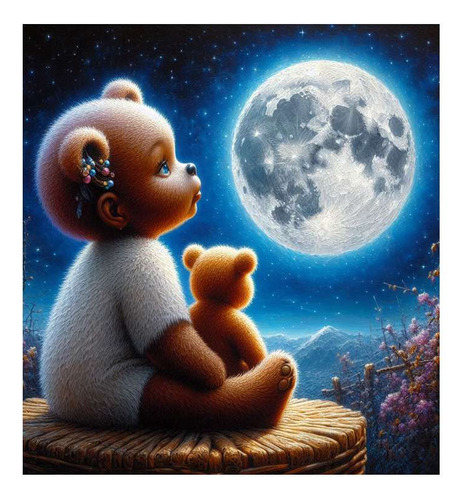 Vinilo 60x60cm Oso Bebe Mirando Luna Tierno Estrellas M1