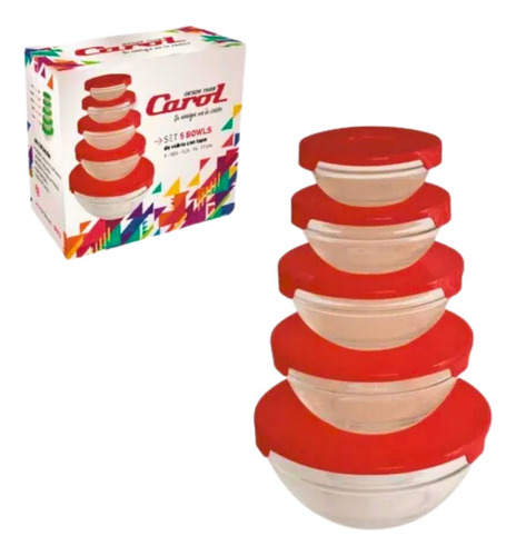 Set 5 Bowls Vidrio Con Tapa Plastica De Colores Carol