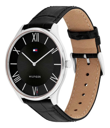 Reloj Tommy Hilfiger Hombre Clásico Negro Cuero 1710516 Color Del Bisel Plateado