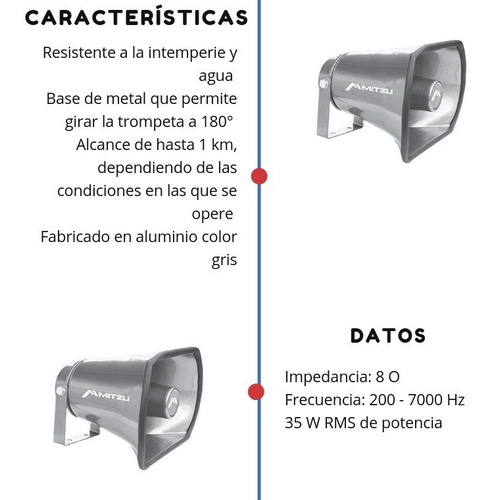 Imagen 4 de 6 de Trompeta Aluminio 35 W Parlante Perifoneo Alcance 1 Km Resis
