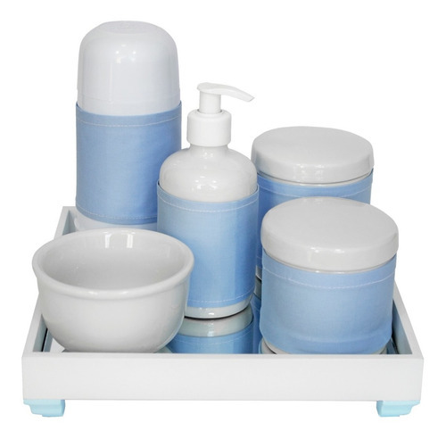 Kit Higiene Rosa Completo Porcelana Térmica Bandeja Espelho Cor Azul