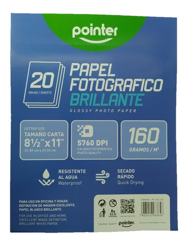 Imagen 2 de 2 de Papel Fotográfico Brillante Pointer Glossy 160gr Carta X 20h